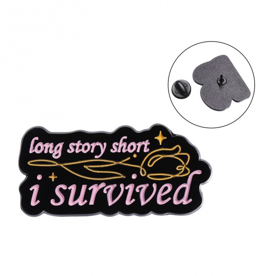 Picture of 1 Piece Simple Pin Brooches Irregular Message " LONG STORY SHORT & I SURVIVED " Black & Pink Enamel 3cm x 1.4cm