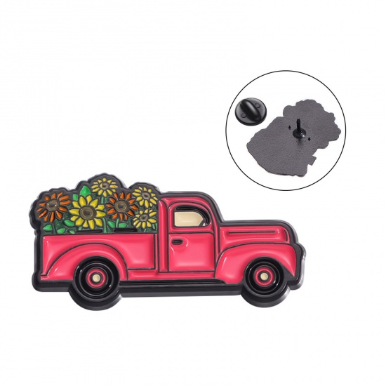 Bild von 1 Piece Stylish Pin Brooches Truck Flower Red Enamel 3.1cm x 1.5cm