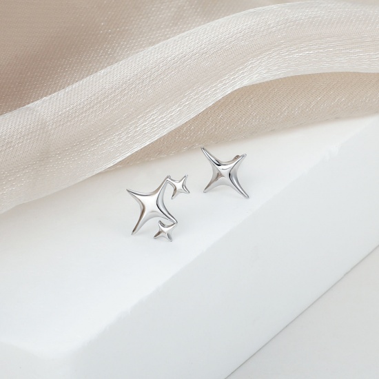 Bild von Großhandel Exquisit Stilvoll Ohrring Ohrstecker, Stern Platin Plattiert Sterling Silber, Frauen Geschenk Schmuckbedarf, 11mm x 9mm, 1 Paar