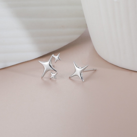 Bild von Großhandel Exquisit Stilvoll Ohrring Ohrstecker, Stern Platin Plattiert Sterling Silber, Frauen Geschenk Schmuckbedarf, 11mm x 9mm, 1 Paar