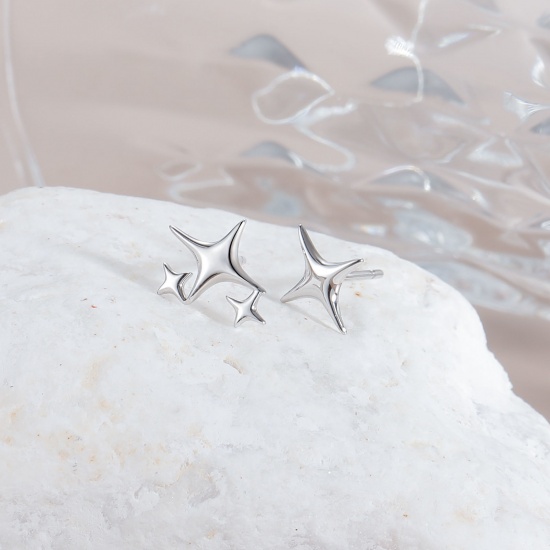 Bild von Großhandel Exquisit Stilvoll Ohrring Ohrstecker, Stern Platin Plattiert Sterling Silber, Frauen Geschenk Schmuckbedarf, 11mm x 9mm, 1 Paar