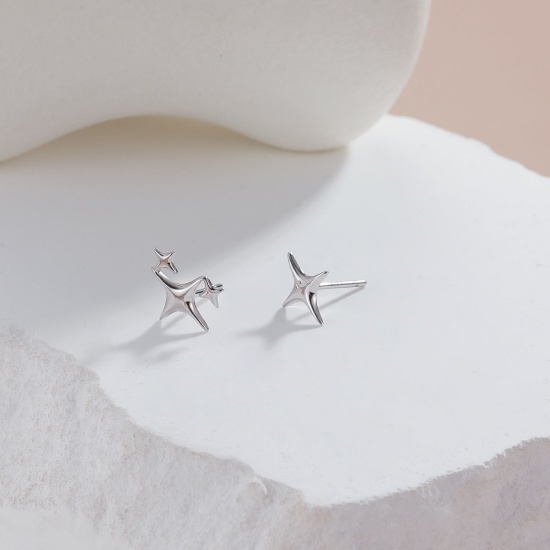 Bild von Großhandel Exquisit Stilvoll Ohrring Ohrstecker, Stern Platin Plattiert Sterling Silber, Frauen Geschenk Schmuckbedarf, 11mm x 9mm, 1 Paar
