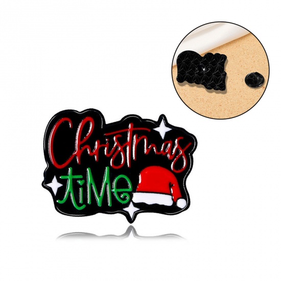 Picture of 1 Piece Retro Pin Brooches Christmas Hats Message " Christmas time " Multicolor Enamel 3cm x 2.2cm