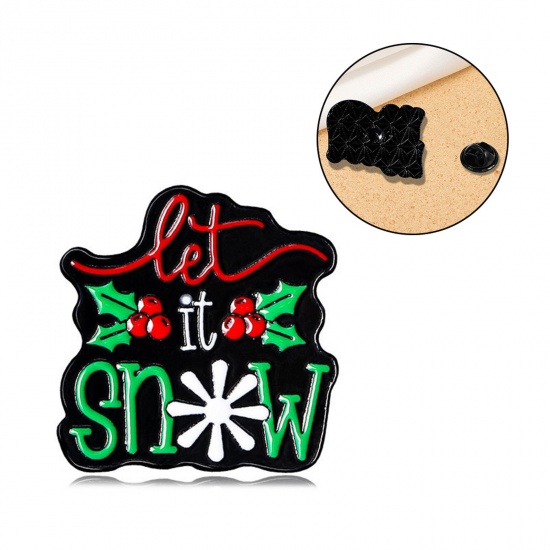 Picture of 1 Piece Retro Pin Brooches Christmas Holly Leaf Snowflake Message " LET IT SNOW " Multicolor Enamel 3cm x 3cm