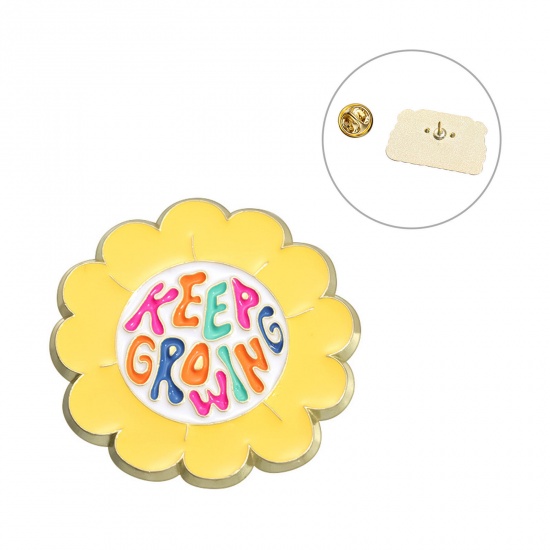 Immagine di 1 Pz Carino Spilla Girasole Lettere " keep going " Oro Placcato Smalto 3cm x 3cm