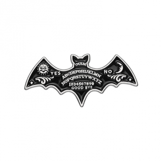 Immagine di 1 Pz Punk Spilla Halloween Pipistrello Sole & Luna Argento Antico Nero Smalto 3cm x 1.4cm