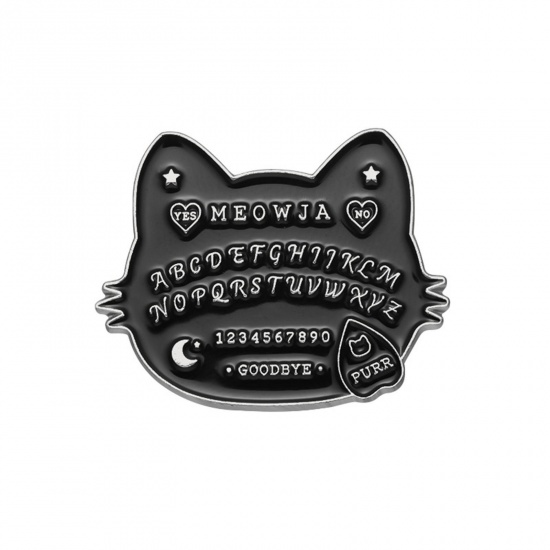 Immagine di 1 Pz Punk Spilla Gatto Stella a Cinque Punte Argento Antico Nero Smalto 2.9cm x 2.3cm