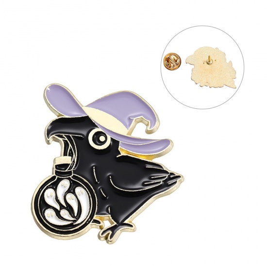 Immagine di 1 Pz Punk Spilla Corvo Uccello Halloween Fantasma Oro Placcato Nero Smalto 2.8cm x 2.6cm