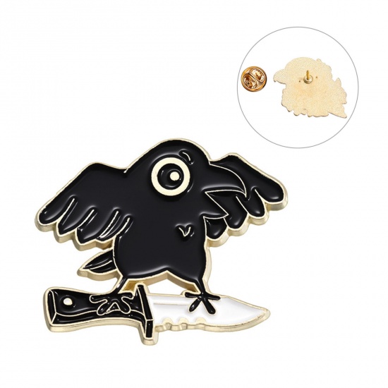 Immagine di 1 Pz Halloween Spilla Corvo Uccello Coltello Oro Placcato Nero Smalto 3cm x 2.5cm