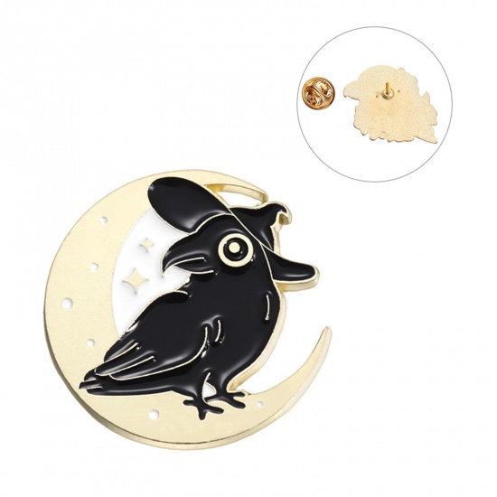 Immagine di 1 Pz Punk Spilla Corvo Uccello Luna Oro Placcato Nero Smalto 2.8cm x 2.8cm