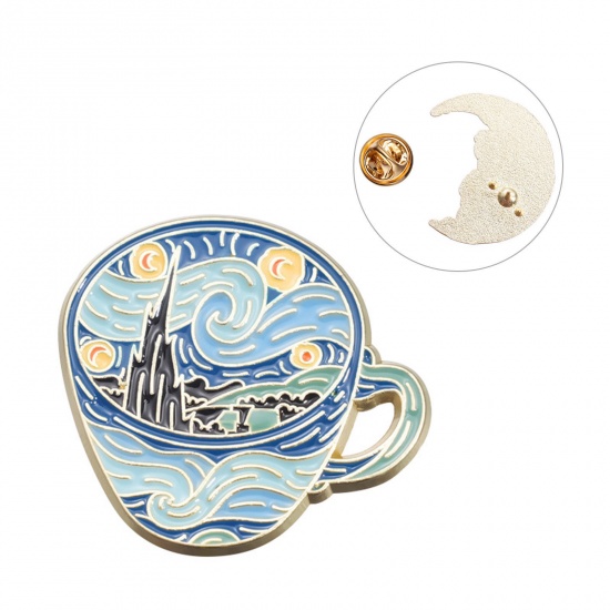 Immagine di 1 Pz Retrò Spilla Tazza Galassia Universo KC Placcato Oro Smalto 3.3cm x 3cm