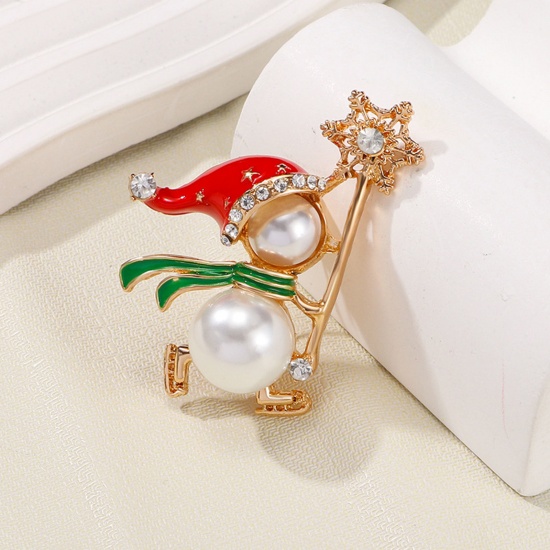 Immagine di 1 Pz Natale Spilla Natale Fiocco di Neve Oro Placcato Multicolore Imitata Perla 4.5cm x 3.6cm