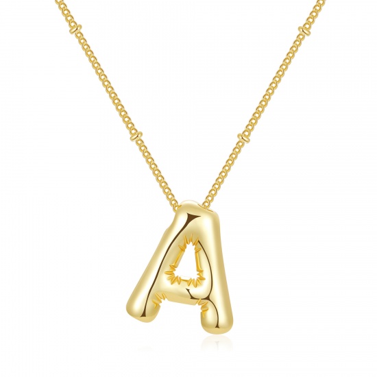 Imagen de Globo Mayúscula Letra Mensaje " A " Collar con Colgante Al Por Mayor, 18K Oro Real Chapado Latón Cadenas de Curb, Mujeres PVD Ecológico Impermeable Antioxidante Hipoalergénico Exquisito Elegante Regalo Joyería Para Minorista, 45cm + 5cm longitud, 1 Unidad