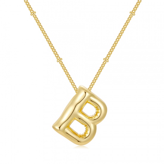 Imagen de Globo Mayúscula Letra Mensaje " B " Collar con Colgante Al Por Mayor, 18K Oro Real Chapado Latón Cadenas de Curb, Mujeres PVD Ecológico Impermeable Antioxidante Hipoalergénico Exquisito Elegante Regalo Joyería Para Minorista, 45cm + 5cm longitud, 1 Unidad