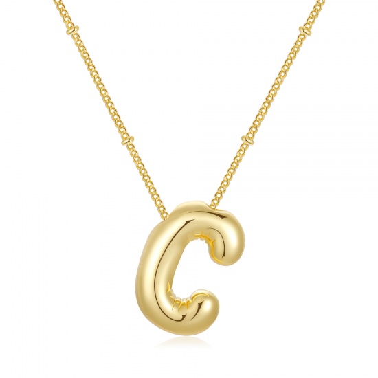 Imagen de Globo Mayúscula Letra Mensaje " C " Collar con Colgante Al Por Mayor, 18K Oro Real Chapado Latón Cadenas de Curb, Mujeres PVD Ecológico Impermeable Antioxidante Hipoalergénico Exquisito Elegante Regalo Joyería Para Minorista, 45cm + 5cm longitud, 1 Unidad