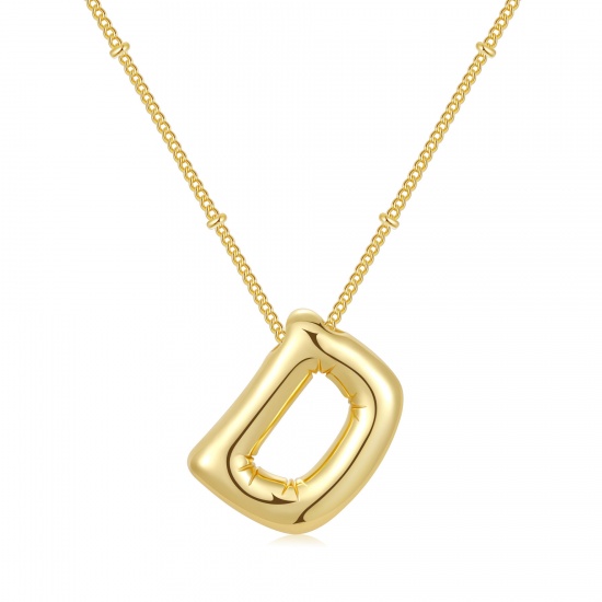 Imagen de Globo Mayúscula Letra Mensaje " D " Collar con Colgante Al Por Mayor, 18K Oro Real Chapado Latón Cadenas de Curb, Mujeres PVD Ecológico Impermeable Antioxidante Hipoalergénico Exquisito Elegante Regalo Joyería Para Minorista, 45cm + 5cm longitud, 1 Unidad