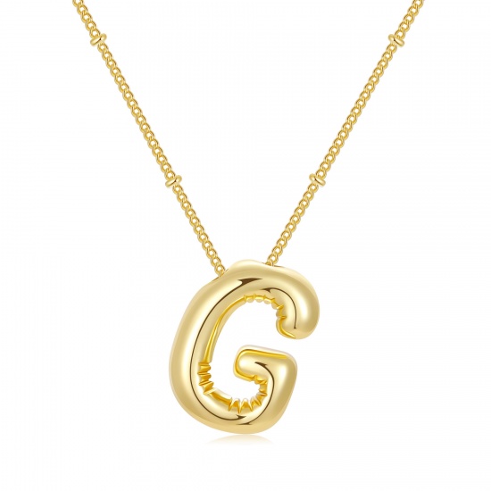 Imagen de Globo Mayúscula Letra Mensaje " G " Collar con Colgante Al Por Mayor, 18K Oro Real Chapado Latón Cadenas de Curb, Mujeres PVD Ecológico Impermeable Antioxidante Hipoalergénico Exquisito Elegante Regalo Joyería Para Minorista, 45cm + 5cm longitud, 1 Unidad