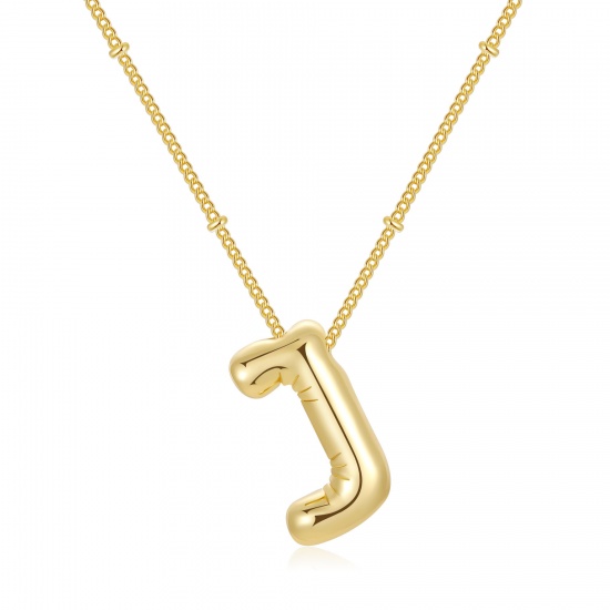 Imagen de Globo Mayúscula Letra Mensaje " J " Collar con Colgante Al Por Mayor, 18K Oro Real Chapado Latón Cadenas de Curb, Mujeres PVD Ecológico Impermeable Antioxidante Hipoalergénico Exquisito Elegante Regalo Joyería Para Minorista, 45cm + 5cm longitud, 1 Unidad
