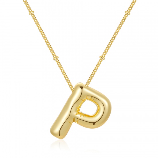 Imagen de Globo Mayúscula Letra Mensaje " P " Collar con Colgante Al Por Mayor, 18K Oro Real Chapado Latón Cadenas de Curb, Mujeres PVD Ecológico Impermeable Antioxidante Hipoalergénico Exquisito Elegante Regalo Joyería Para Minorista, 45cm + 5cm longitud, 1 Unidad