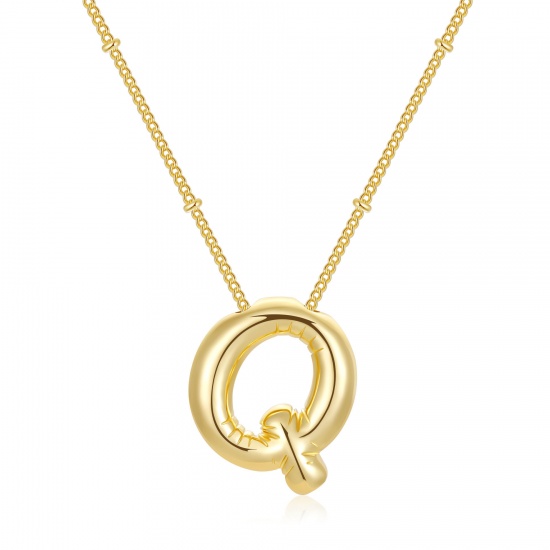 Imagen de Globo Mayúscula Letra Mensaje " Q " Collar con Colgante Al Por Mayor, 18K Oro Real Chapado Latón Cadenas de Curb, Mujeres PVD Ecológico Impermeable Antioxidante Hipoalergénico Exquisito Elegante Regalo Joyería Para Minorista, 45cm + 5cm longitud, 1 Unidad