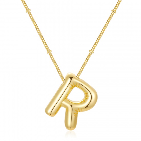 Imagen de Globo Mayúscula Letra Mensaje " R " Collar con Colgante Al Por Mayor, 18K Oro Real Chapado Latón Cadenas de Curb, Mujeres PVD Ecológico Impermeable Antioxidante Hipoalergénico Exquisito Elegante Regalo Joyería Para Minorista, 45cm + 5cm longitud, 1 Unidad