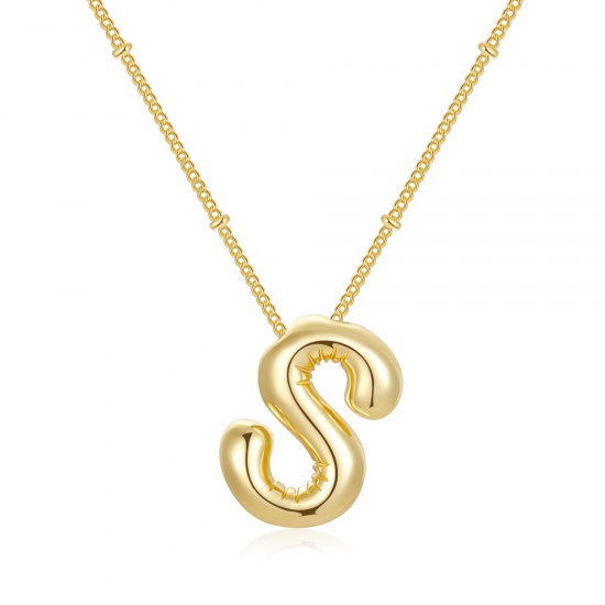 Imagen de Globo Mayúscula Letra Mensaje " S " Collar con Colgante Al Por Mayor, 18K Oro Real Chapado Latón Cadenas de Curb, Mujeres PVD Ecológico Impermeable Antioxidante Hipoalergénico Exquisito Elegante Regalo Joyería Para Minorista, 45cm + 5cm longitud, 1 Unidad