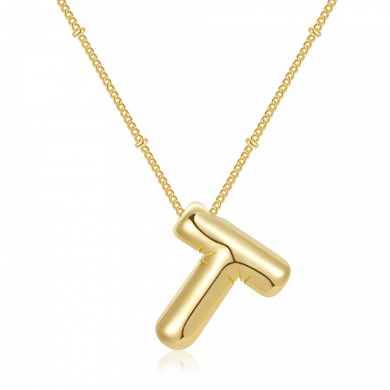 Imagen de Globo Mayúscula Letra Mensaje " T " Collar con Colgante Al Por Mayor, 18K Oro Real Chapado Latón Cadenas de Curb, Mujeres PVD Ecológico Impermeable Antioxidante Hipoalergénico Exquisito Elegante Regalo Joyería Para Minorista, 45cm + 5cm longitud, 1 Unidad
