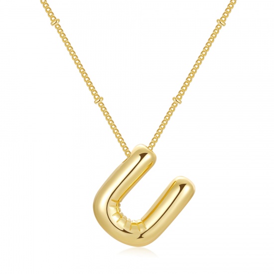 Imagen de Globo Mayúscula Letra Mensaje " U " Collar con Colgante Al Por Mayor, 18K Oro Real Chapado Latón Cadenas de Curb, Mujeres PVD Ecológico Impermeable Antioxidante Hipoalergénico Exquisito Elegante Regalo Joyería Para Minorista, 45cm + 5cm longitud, 1 Unidad