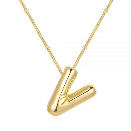Imagen de Globo Mayúscula Letra Mensaje " V " Collar con Colgante Al Por Mayor, 18K Oro Real Chapado Latón Cadenas de Curb, Mujeres PVD Ecológico Impermeable Antioxidante Hipoalergénico Exquisito Elegante Regalo Joyería Para Minorista, 45cm + 5cm longitud, 1 Unidad