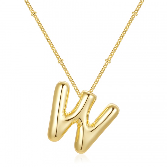 Imagen de Globo Mayúscula Letra Mensaje " W " Collar con Colgante Al Por Mayor, 18K Oro Real Chapado Latón Cadenas de Curb, Mujeres PVD Ecológico Impermeable Antioxidante Hipoalergénico Exquisito Elegante Regalo Joyería Para Minorista, 45cm + 5cm longitud, 1 Unidad