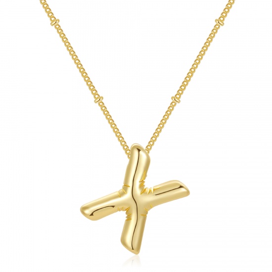 Imagen de Globo Mayúscula Letra Mensaje " X " Collar con Colgante Al Por Mayor, 18K Oro Real Chapado Latón Cadenas de Curb, Mujeres PVD Ecológico Impermeable Antioxidante Hipoalergénico Exquisito Elegante Regalo Joyería Para Minorista, 45cm + 5cm longitud, 1 Unidad