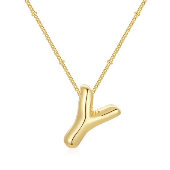 Imagen de Globo Mayúscula Letra Mensaje " Y " Collar con Colgante Al Por Mayor, 18K Oro Real Chapado Latón Cadenas de Curb, Mujeres PVD Ecológico Impermeable Antioxidante Hipoalergénico Exquisito Elegante Regalo Joyería Para Minorista, 45cm + 5cm longitud, 1 Unidad