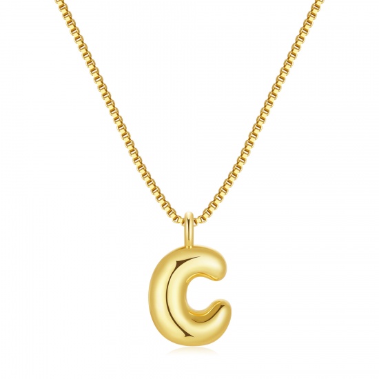 Immagine di Lettera Maiuscola Messaggio " C " Collana con Ciondolo All'Ingrosso, 18K Vero Oro Placcato Ottone Catena a Casella, Donne PVD Ecologica Impermeabile Anti-Ossidante Ipoallergenico Squisito Elegante Regalo Gioielli Per Rivenditore, 40cm + 5cm Lunghezza, 1 Pz