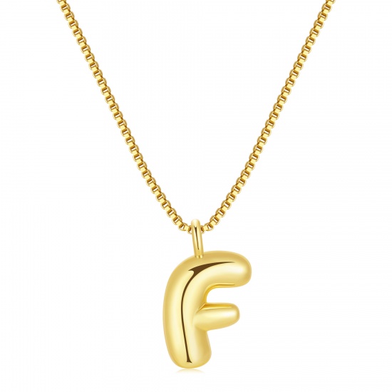 Immagine di Lettera Maiuscola Messaggio " F " Collana con Ciondolo All'Ingrosso, 18K Vero Oro Placcato Ottone Catena a Casella, Donne PVD Ecologica Impermeabile Anti-Ossidante Ipoallergenico Squisito Elegante Regalo Gioielli Per Rivenditore, 40cm + 5cm Lunghezza, 1 Pz