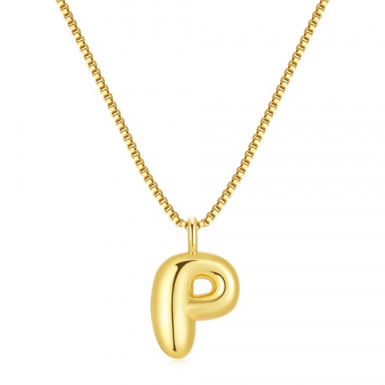 Immagine di Lettera Maiuscola Messaggio " P " Collana con Ciondolo All'Ingrosso, 18K Vero Oro Placcato Ottone Catena a Casella, Donne PVD Ecologica Impermeabile Anti-Ossidante Ipoallergenico Squisito Elegante Regalo Gioielli Per Rivenditore, 40cm + 5cm Lunghezza, 1 Pz