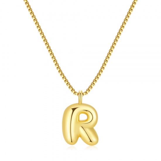Immagine di Lettera Maiuscola Messaggio " R " Collana con Ciondolo All'Ingrosso, 18K Vero Oro Placcato Ottone Catena a Casella, Donne PVD Ecologica Impermeabile Anti-Ossidante Ipoallergenico Squisito Elegante Regalo Gioielli Per Rivenditore, 40cm + 5cm Lunghezza, 1 Pz