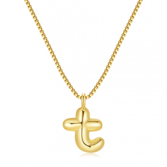 Immagine di Lettera Maiuscola Messaggio " T " Collana con Ciondolo All'Ingrosso, 18K Vero Oro Placcato Ottone Catena a Casella, Donne PVD Ecologica Impermeabile Anti-Ossidante Ipoallergenico Squisito Elegante Regalo Gioielli Per Rivenditore, 40cm + 5cm Lunghezza, 1 Pz