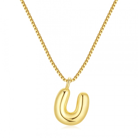 Immagine di Lettera Maiuscola Messaggio " U " Collana con Ciondolo All'Ingrosso, 18K Vero Oro Placcato Ottone Catena a Casella, Donne PVD Ecologica Impermeabile Anti-Ossidante Ipoallergenico Squisito Elegante Regalo Gioielli Per Rivenditore, 40cm + 5cm Lunghezza, 1 Pz