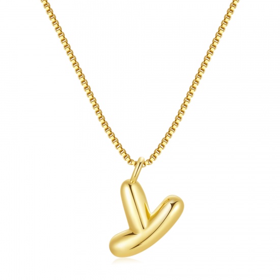 Immagine di Lettera Maiuscola Messaggio " Y " Collana con Ciondolo All'Ingrosso, 18K Vero Oro Placcato Ottone Catena a Casella, Donne PVD Ecologica Impermeabile Anti-Ossidante Ipoallergenico Squisito Elegante Regalo Gioielli Per Rivenditore, 40cm + 5cm Lunghezza, 1 Pz