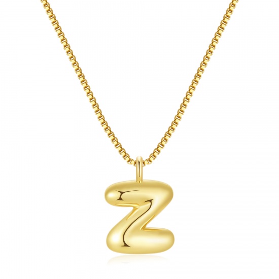 Immagine di Lettera Maiuscola Messaggio " Z " Collana con Ciondolo All'Ingrosso, 18K Vero Oro Placcato Ottone Catena a Casella, Donne PVD Ecologica Impermeabile Anti-Ossidante Ipoallergenico Squisito Elegante Regalo Gioielli Per Rivenditore, 40cm + 5cm Lunghezza, 1 Pz