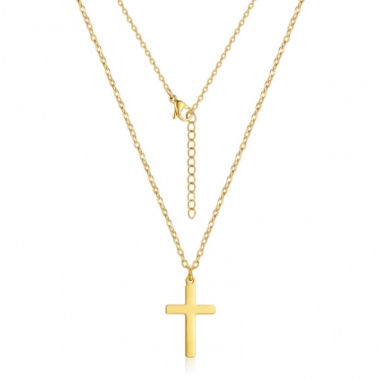 Picture of Wholesale Cross Pendant Charm Necklace, 18K Real Gold Plated 304 Stainless Steel Women's Eco-friendly PVD Waterproof Anti-Tarnish Hypoallergenic Religious Retro Gift Jewelry For Retailer, 45cm(17.7") + 5cm(2") long, 1 Piece
