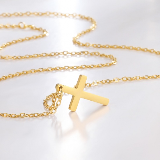 Picture of Wholesale Cross Pendant Charm Necklace, 18K Real Gold Plated 304 Stainless Steel Women's Eco-friendly PVD Waterproof Anti-Tarnish Hypoallergenic Religious Retro Gift Jewelry For Retailer, 45cm(17.7") + 5cm(2") long, 1 Piece