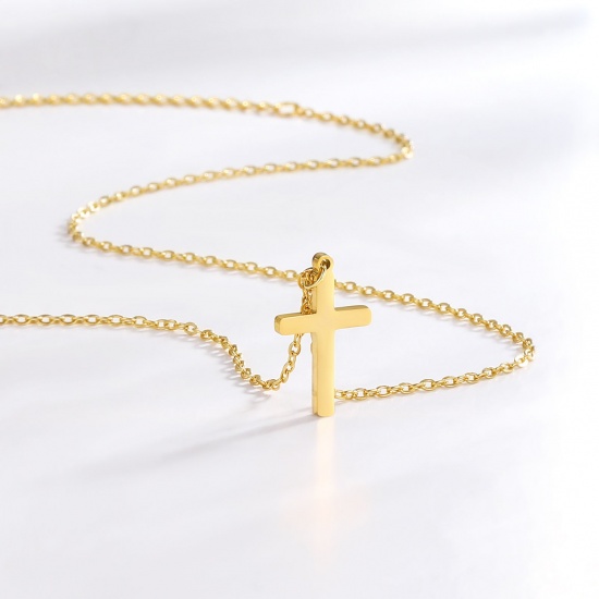 Picture of Wholesale Cross Pendant Charm Necklace, 18K Real Gold Plated 304 Stainless Steel Women's Eco-friendly PVD Waterproof Anti-Tarnish Hypoallergenic Religious Retro Gift Jewelry For Retailer, 45cm(17.7") + 5cm(2") long, 1 Piece