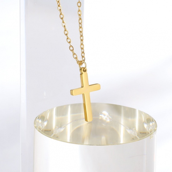 Picture of Wholesale Cross Pendant Charm Necklace, 18K Real Gold Plated 304 Stainless Steel Women's Eco-friendly PVD Waterproof Anti-Tarnish Hypoallergenic Religious Retro Gift Jewelry For Retailer, 45cm(17.7") + 5cm(2") long, 1 Piece