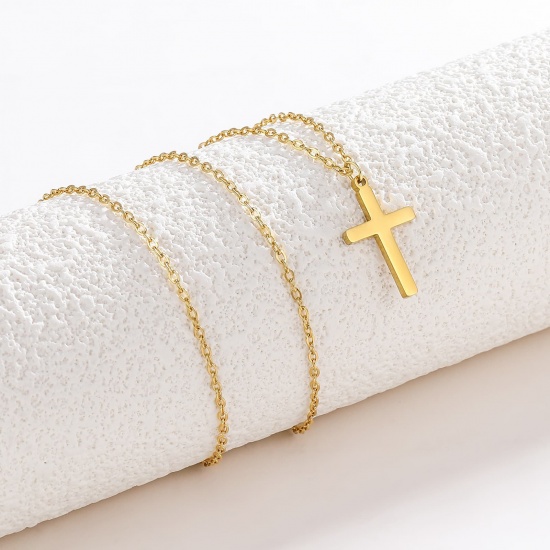 Picture of Wholesale Cross Pendant Charm Necklace, 18K Real Gold Plated 304 Stainless Steel Women's Eco-friendly PVD Waterproof Anti-Tarnish Hypoallergenic Religious Retro Gift Jewelry For Retailer, 45cm(17.7") + 5cm(2") long, 1 Piece