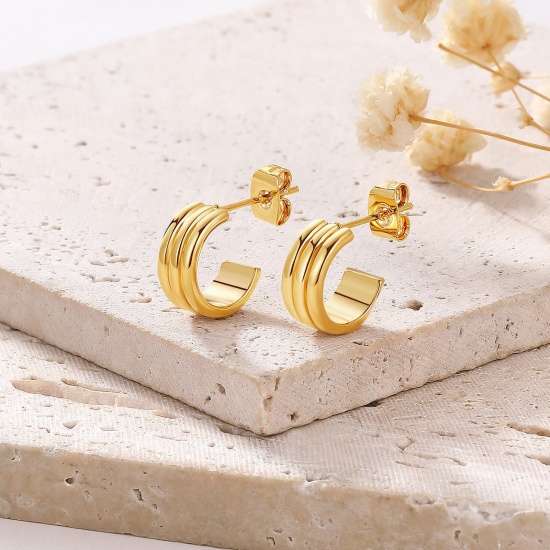 Picture of Wholesale Exquisite Stylish Huggie Hoop Earrings, C Shaped Stripe 18K Real Gold Plated Brass, Women's Eco-friendly Gift Jewelry Supply, 12mm x 5mm, 1 Pair
