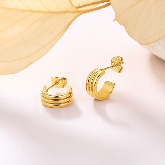 Picture of Wholesale Exquisite Stylish Huggie Hoop Earrings, C Shaped Stripe 18K Real Gold Plated Brass, Women's Eco-friendly Gift Jewelry Supply, 12mm x 5mm, 1 Pair