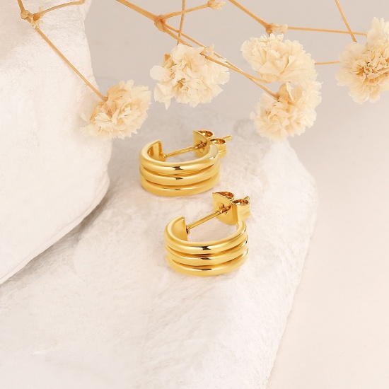 Picture of Wholesale Exquisite Stylish Huggie Hoop Earrings, C Shaped Stripe 18K Real Gold Plated Brass, Women's Eco-friendly Gift Jewelry Supply, 12mm x 5mm, 1 Pair
