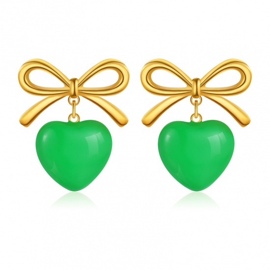 Image de 1 Paire Boucles d'Oreilles Puces La Saint Valentin en 304 Acier Inoxydable Respectueux de la Nature À la Mode Nœuds Papillon Cœur Plaqué Or Véritable 18K Vert Cadeau Pour Femmes 23mm x 19mm