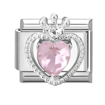 Picture of 1 Piece 304 Stainless Steel Exquisite Italian Charm Links For DIY Modular Bracelet Watch Jewelry Making Wholesale Silver Tone Rectangle Heart Pink Rhinestone 10mm x 9mm